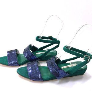 NWOB Handmade THE CURRENT NEW YORK Designer Sequin & Suede Leather Wedge Sandals